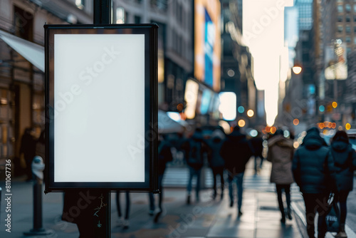 Blank advertising billboard on a busy city street, perfect for showcasing brand designs and marketing messages in an urban environment