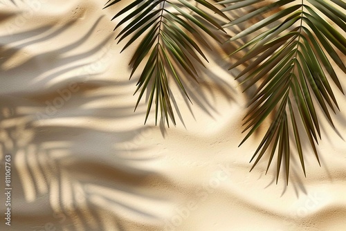 3D Render of Palm leaf shadow on sand, top view with copy space.