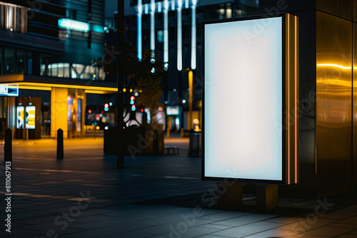 Night urban cityscape with illuminated billboards mockup for advertising and marketing in the modern downtown area with blank space for editable design and high resolution visibility