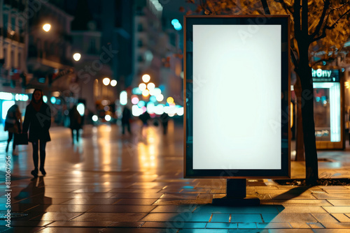 Urban nighttime billboard mockup in a contemporary city setting with illuminated lights and a blank canvas for advertising display and marketing promotion on a busy downtown street