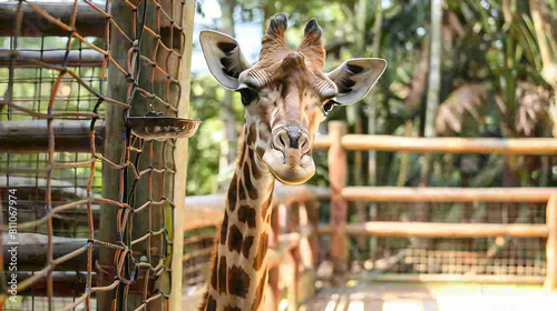 Cute giraffe near feeder in zoological garden photo