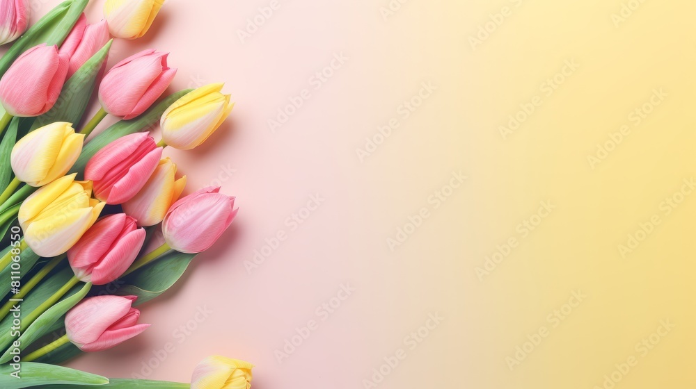 Pink and yellow tulips and white rectangular paper note frame on pink table texture background. Pink and yellow tulips and white rectangular paper note frame on pink table texture background.