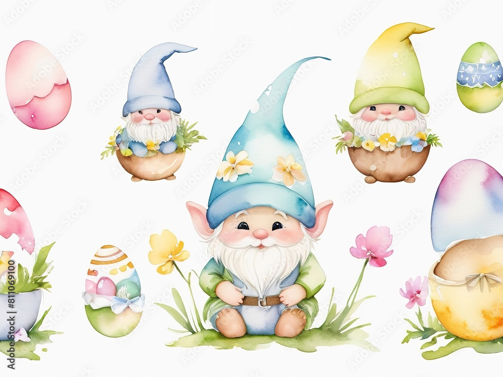 Fototapeta premium little gnome with cute easter eggs pastel colors clipart, Isolate background