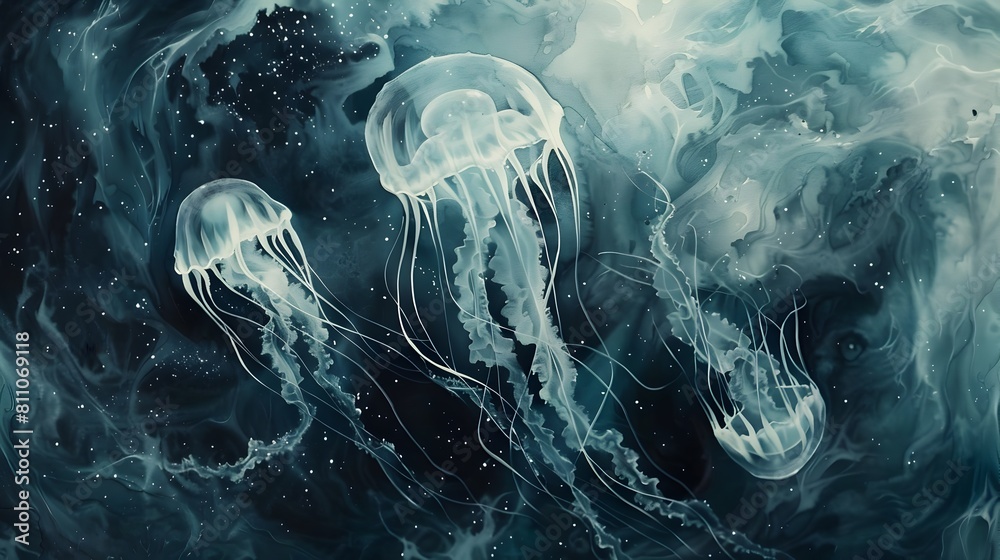 Fototapeta premium Enigmatic Jelly Creatures Pulsating Through Cosmic Void in Surreal Watercolor Painting