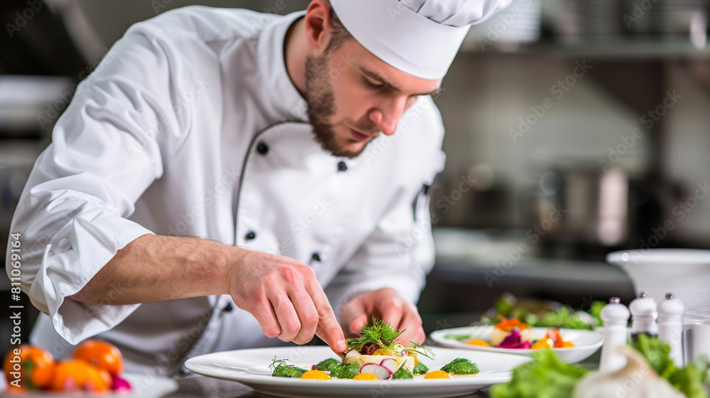 Gourmet chef delicately plating a signature dish in a high-end restaurant kitchen, focus on hands and the dish, showcasing culinary art and precision Gourmet chef delicately plating a signature dish in a high-end restaurant kitchen, focus on hands and the dish, showcasing culinary art and precision