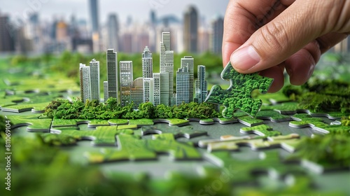 The world of sustainable urban planning with a picture of a jigsaw puzzle pieces connected by hand, illustrating the elements of a green cityscape, exemplifying a collaborative approach to eco-constru © SA Studio