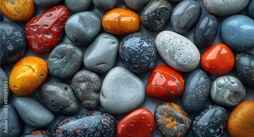  A pile of colorful and sized stones atop one another with water beads glistening on top