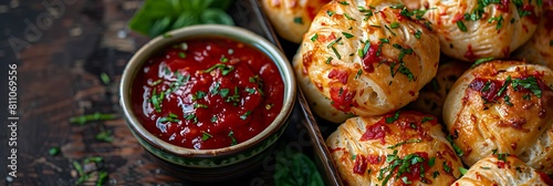 Cheesy garlic bread knots with marinara dipping sauce, fresh presentation, view from above, food banner with copy space for writing photo