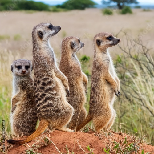 A pack of meerkats standing on lookout on top of their mound 