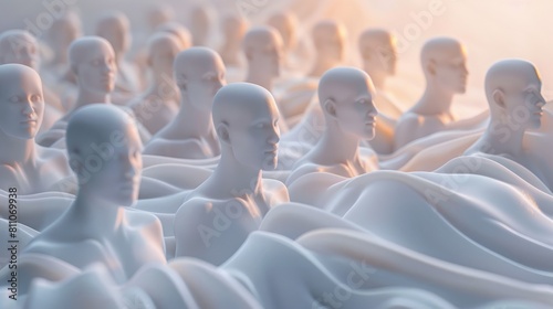 a large number of faceless mannequins, they are arranged in a grid-like pattern