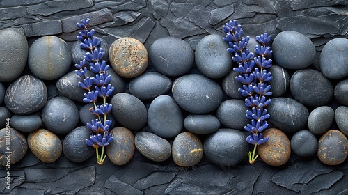   A cluster of purple flowers resting atop a rocky mound, adjacent to another pile crowned with purple blooms photo