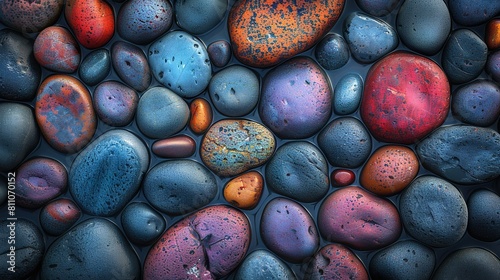   A group of multicolored, varying sized rocks arranged in a circle, centered around one larger rock photo