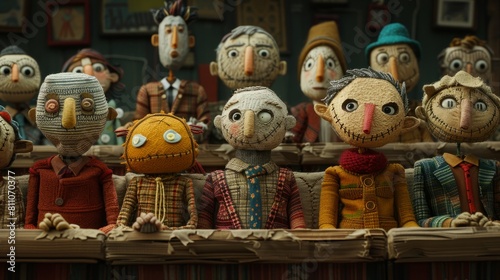 a group of puppets with different expressions on their faces. They are all sitting in a row and looking at something.