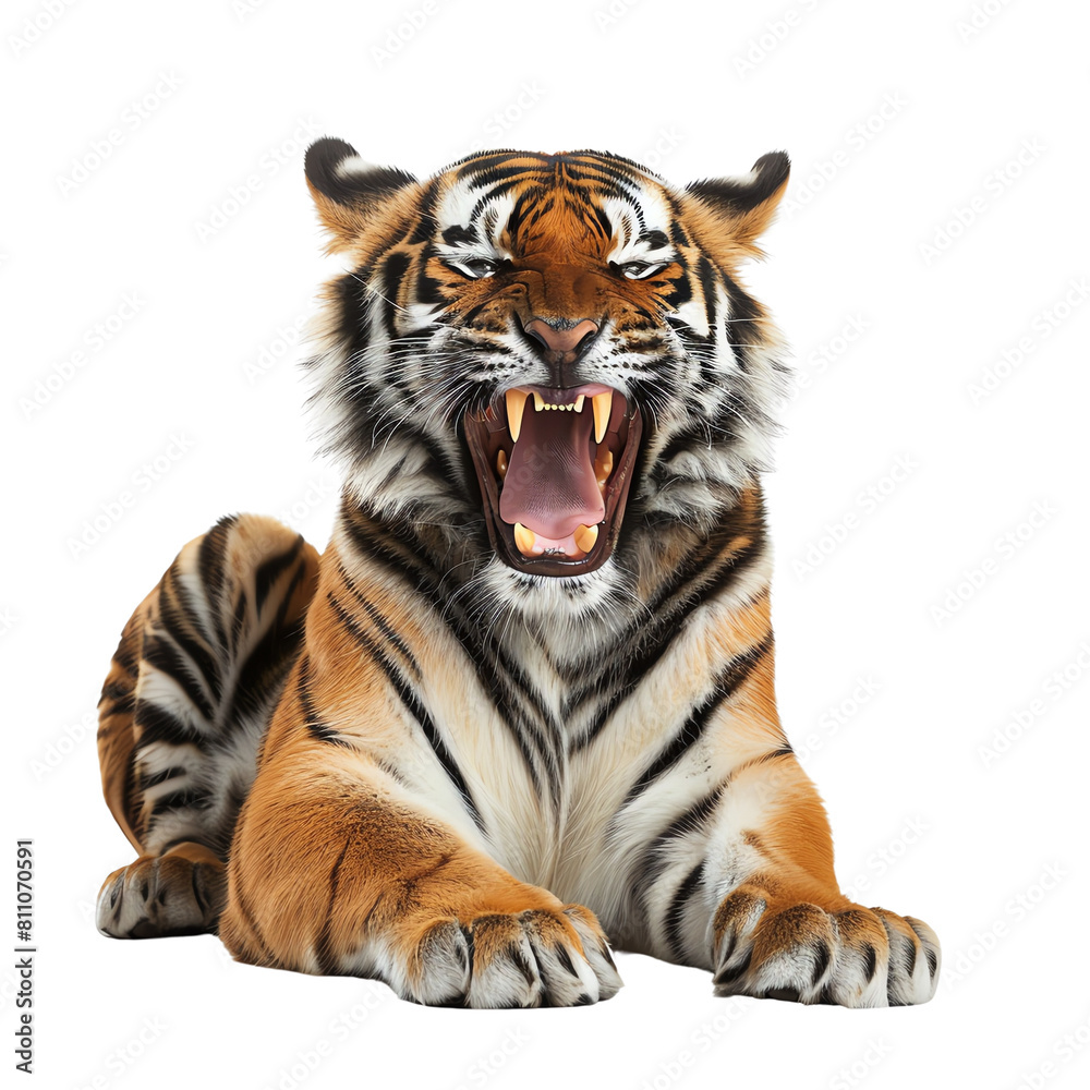 Fototapeta premium A majestic tiger with a fierce expression is captured in this stunning image. Its powerful presence exudes strength and untamed beauty, making it a captivating sight to behold.