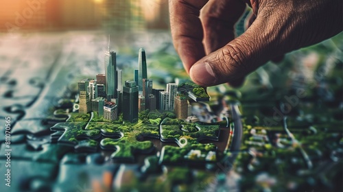 The world of sustainable urban planning with a picture of a jigsaw puzzle pieces connected by hand, illustrating the elements of a green cityscape, exemplifying a collaborative approach to eco-constru photo