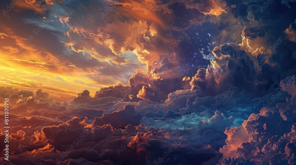 The idea of the Celestial World Sunrise and sunset embraced by billowing clouds