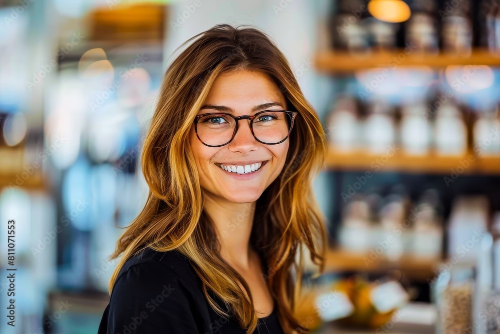A happy young woman with stylish glasses smiling warmly in a casual indoor setting. A happy young woman with stylish glasses smiling warmly in a casual indoor setting.