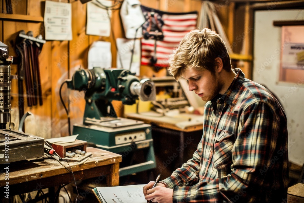 A young craftsman engrossed in planning his next project in a woodwork workshop with tools and an American flag. A young craftsman engrossed in planning his next project in a woodwork workshop with tools and an American flag.