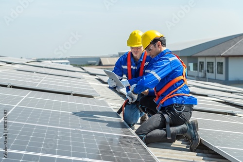 Wallpaper Mural Two solar panel technicians in hardhats and safety gear inspect the installation on a commercial building. Torontodigital.ca