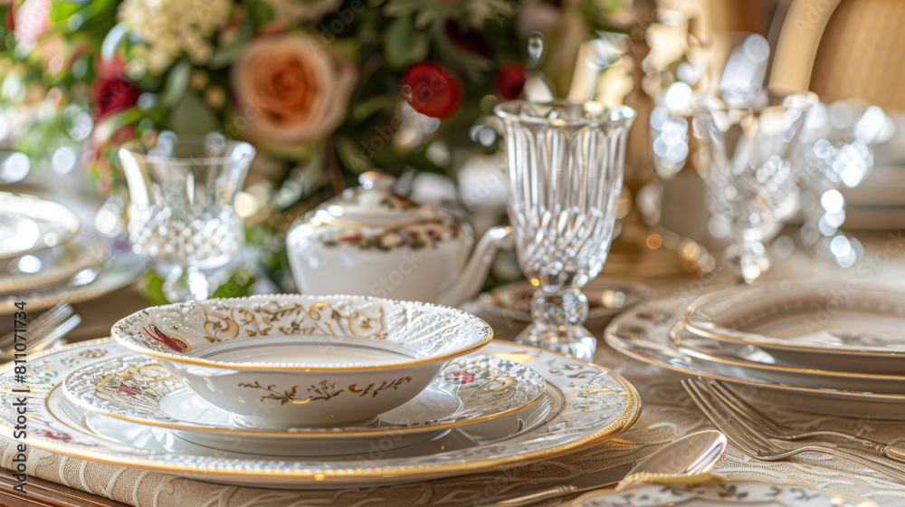elegant table setting in a fine dining restaurant, focus on the fine china, crystal glassware, and silver cutlery, floral centerpiece