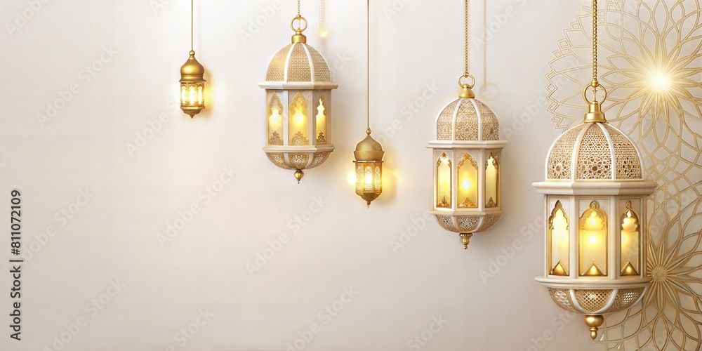 Elegant islamic traditional lanterns and lamps illuminate an ornate ...