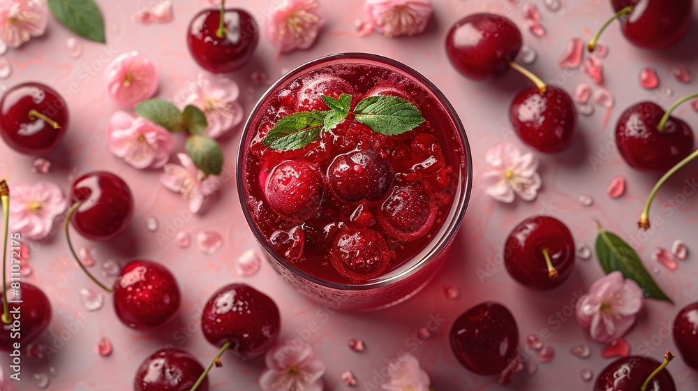 A macro shot of a glass filled with liquid featuring cherries on a pink background surrounded by blooms and foliage A macro shot of a glass filled with liquid featuring cherries on a pink background surrounded by blooms and foliage