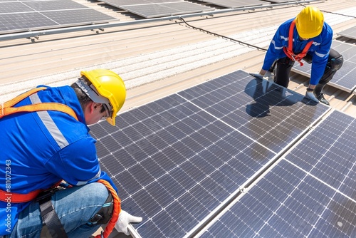 Wallpaper Mural Two solar panel workers installing solar panels on a roof. Torontodigital.ca