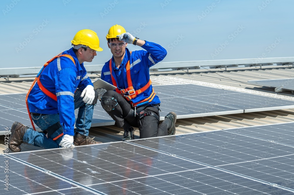 Two solar panel engineers wearing safety gear are inspecting a rooftop solar panel installation. Two solar panel engineers wearing safety gear are inspecting a rooftop solar panel installation.