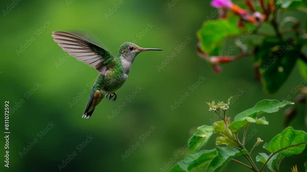 Fototapeta premium A hummingbird flying through a lush green forest