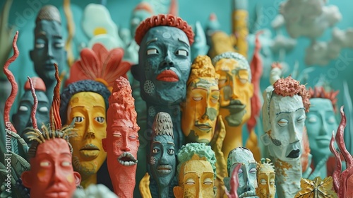 Colorful 3D sculptures of human heads with unique features and vibrant colors.