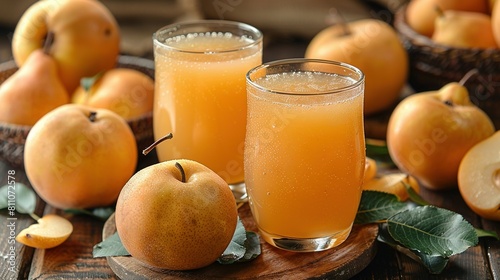  A few glasses of orange juice next to a basket of oranges and apples on the table