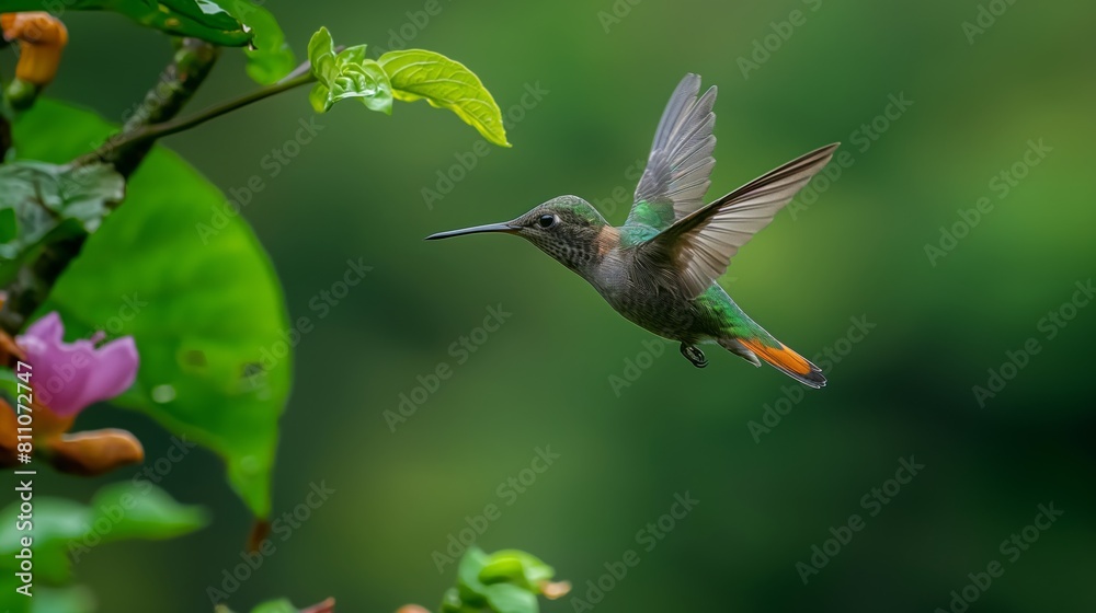 Fototapeta premium A hummingbird flying through a lush green forest