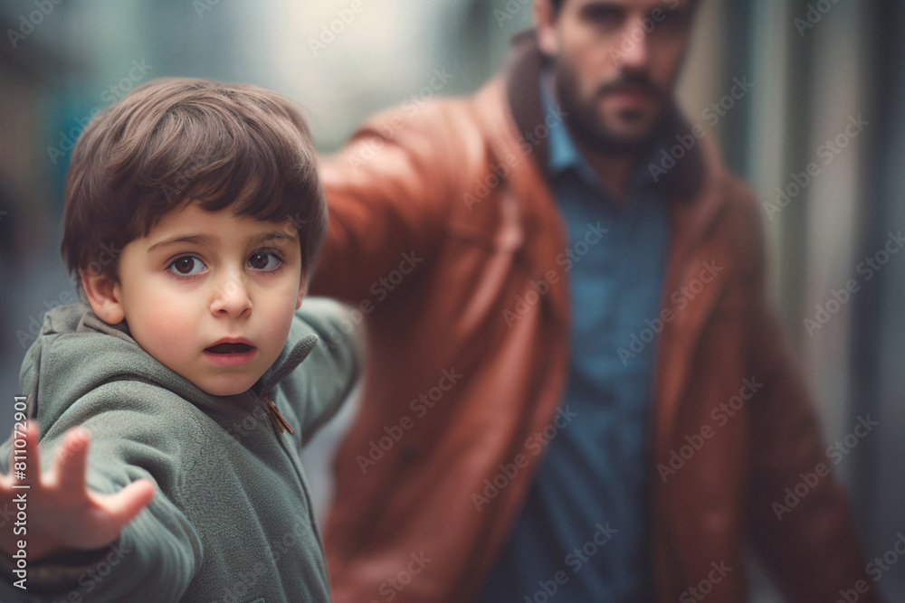 Shaken kid fleeing from angry dad. Protection and law of violence ...