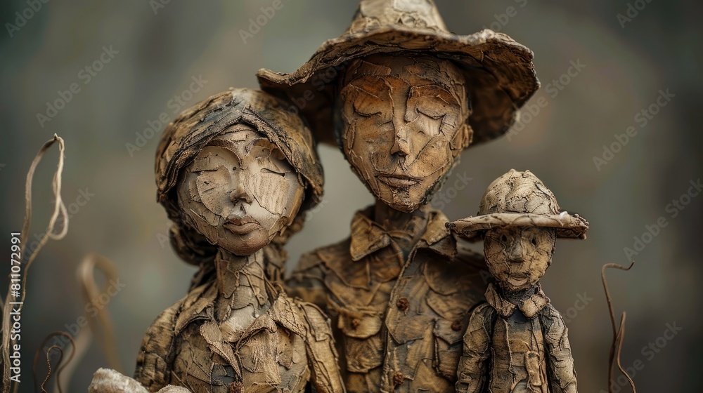 Obraz premium A family of three made of straw stands together in a field. The father is wearing a hat, the mother is wearing a scarf, and the child is wearing a hat and scarf.