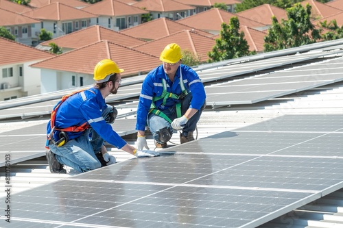 Wallpaper Mural Two solar panel workers installing solar panels on a roof. Torontodigital.ca
