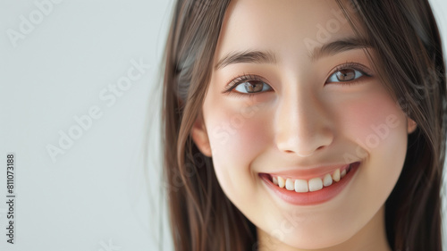 Portrait of a young woman smiling. A close-up portrait of a young woman with a radiant smile and clear complexion, reflecting youthful beauty and happiness. AI generative..