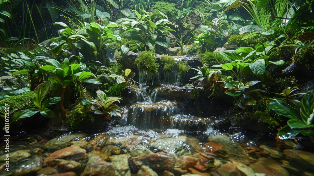 Small waterfall in the middle of green and lush vegetation.