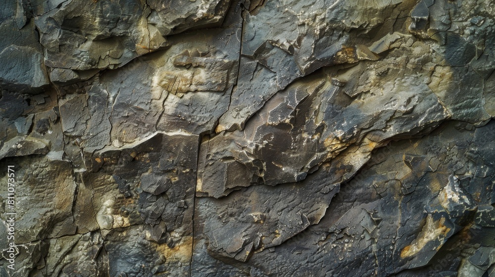 Close-up view of a slate rock face showing its textured layers and natural color variations. Close-up view of a slate rock face showing its textured layers and natural color variations.