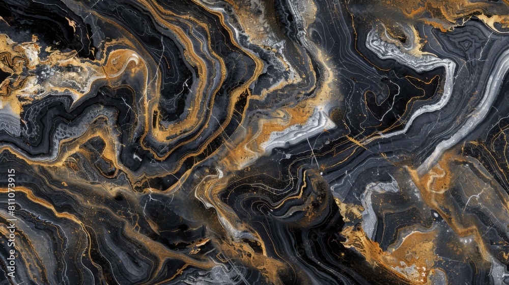 Close-up view of a luxurious black and gold marble surface with intricate veining and a polished finish.