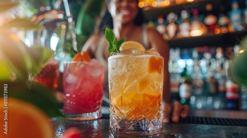 An LGBTQ bartender and their team creating signature cocktails in a trendy bar  experimenting with exotic ingredients and innovative mixing techniques