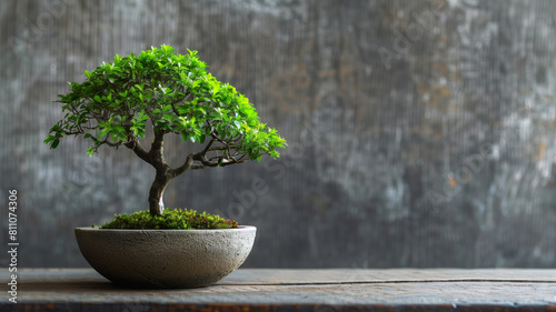 Elegant bonsai tree against rustic backdrop. Beautiful bonsai plant set in a round pot on a wooden surface, showcasing green lush leaves with a textured gray backdrop.
