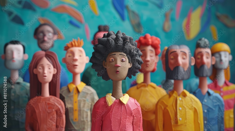 Naklejka premium A group of diverse people of different races and ethnicities stand together against a colorful background