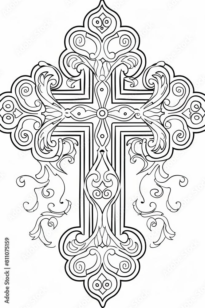 Detailed black and white illustration of a Christian cross with elegant floral patterns.