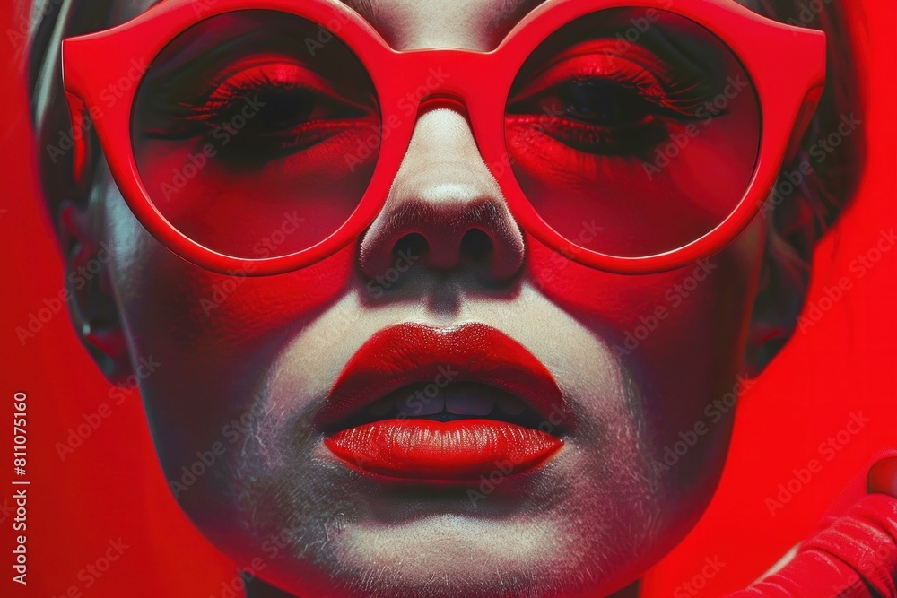 Stylish woman with red glasses and lipstick on a vibrant red background gazes at the camera Stylish woman with red glasses and lipstick on a vibrant red background gazes at the camera