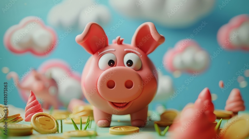 A pink piggy bank stands in a field of money. The background is a blue sky with white clouds. The piggy bank has big eyes and a smile on its face. A pink piggy bank stands in a field of money. The background is a blue sky with white clouds. The piggy bank has big eyes and a smile on its face.