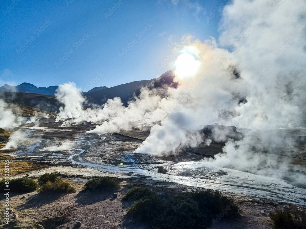 Tatio Geyser, Atacama Desert, Chile. Geyser steam in the desert