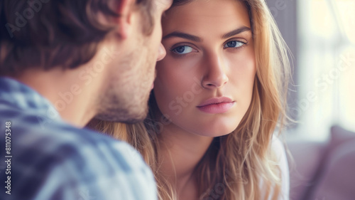 Young couple looking tense..An intimate portrait of a young couple in a serious discussion, showing tension and emotional depth. AI generative..