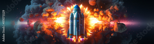 Rocket blasting off flat design top view space exploration theme 3D render Triadic Color Scheme photo