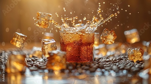   A glass of cola with ice cubes spilling onto a mound of coffee beans photo