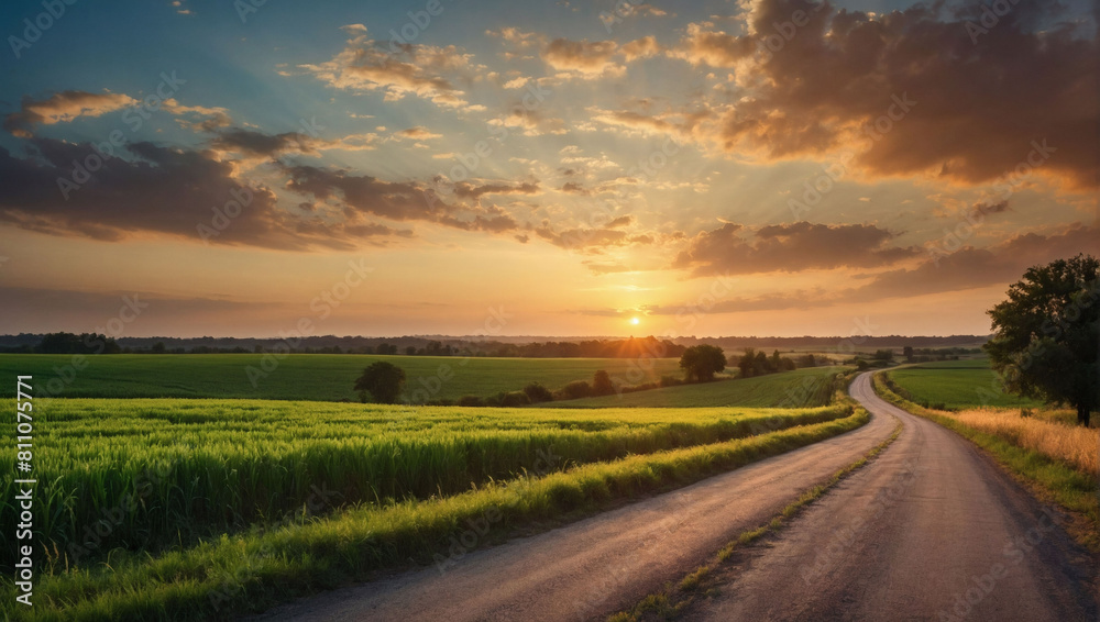 Summer Serenity, Panoramic View of Green Fields, Empty Road, and Sunset Sky in Rural Landscape Summer Serenity, Panoramic View of Green Fields, Empty Road, and Sunset Sky in Rural Landscape